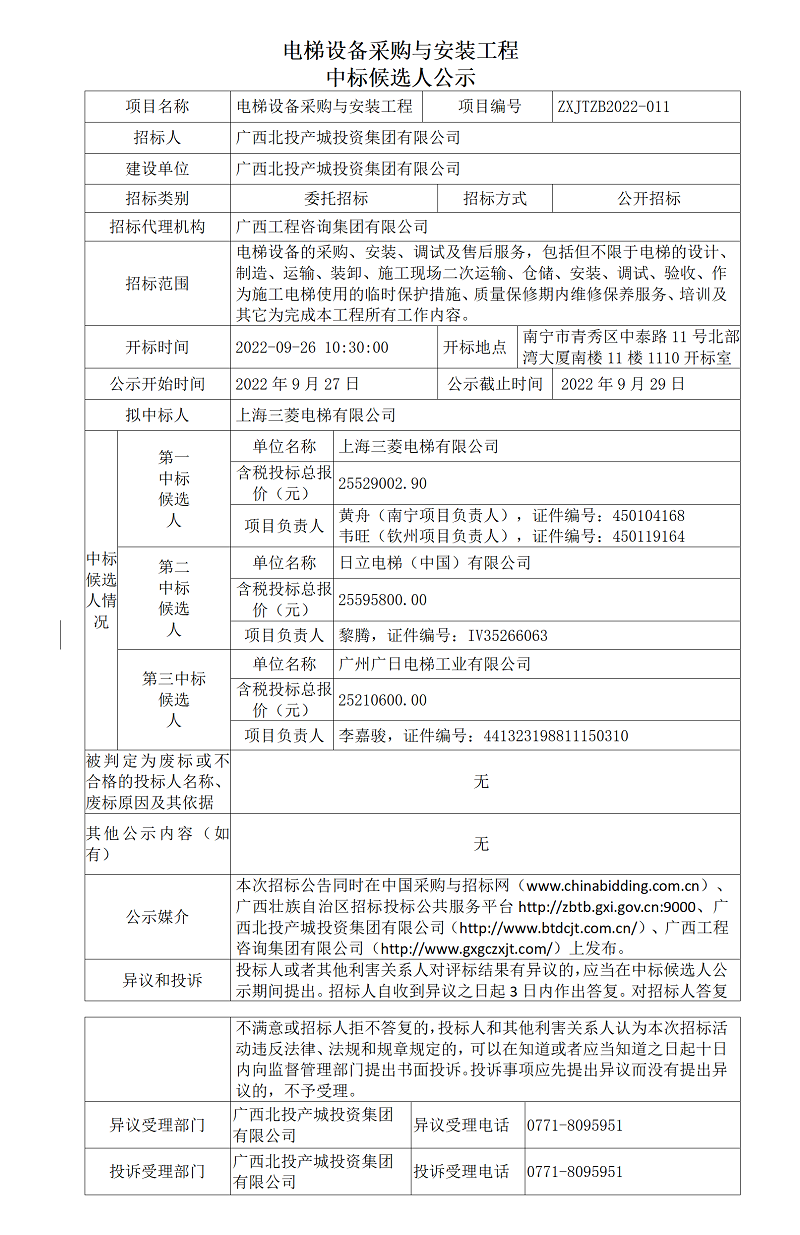 电梯设备采购与装置工程中标候选人公示