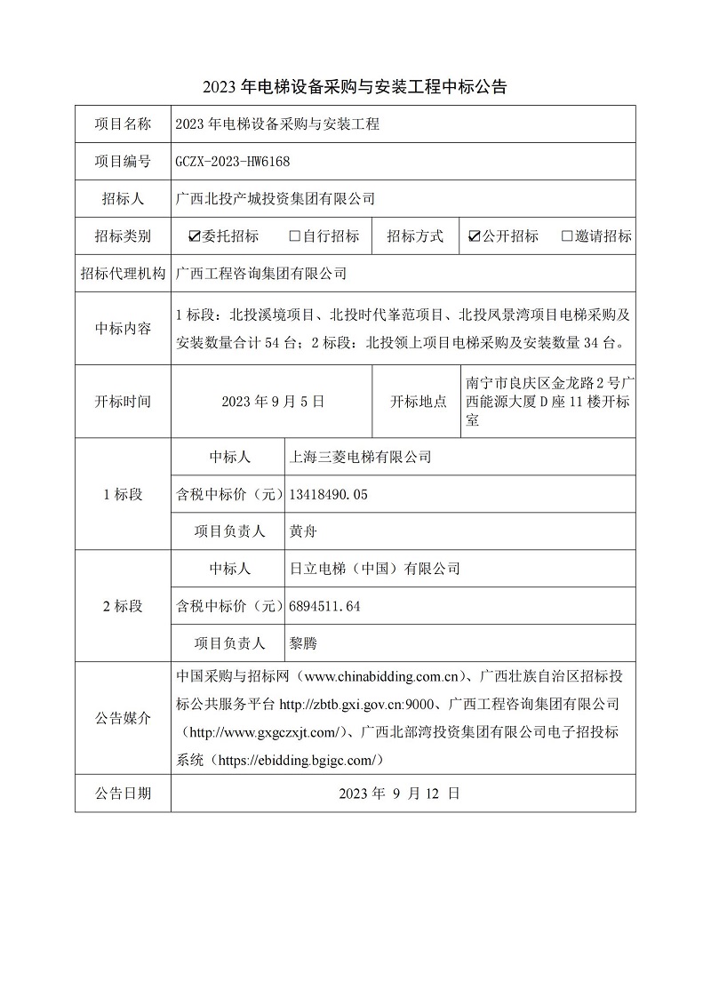 2023 年电梯设备采购与装置工程中标布告