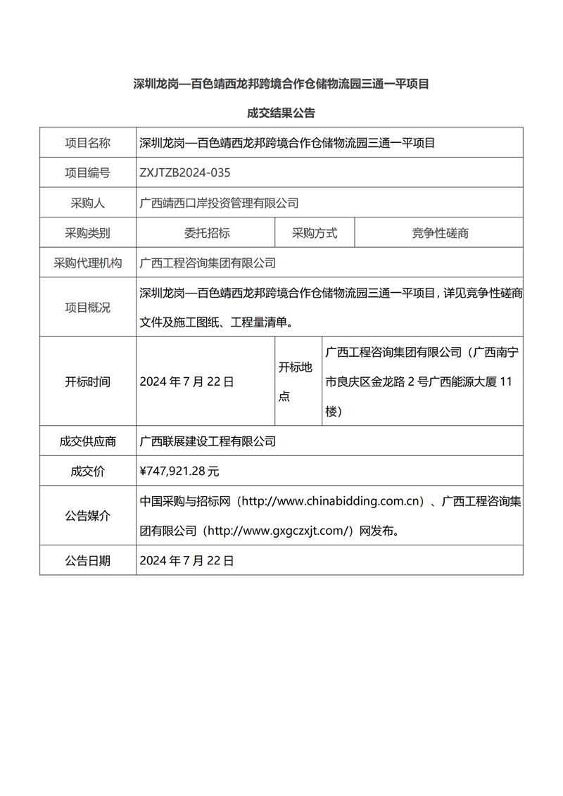 丽江龙岗—定西靖西龙国跨境合作仓储物流园三通一平项目成交了局布告